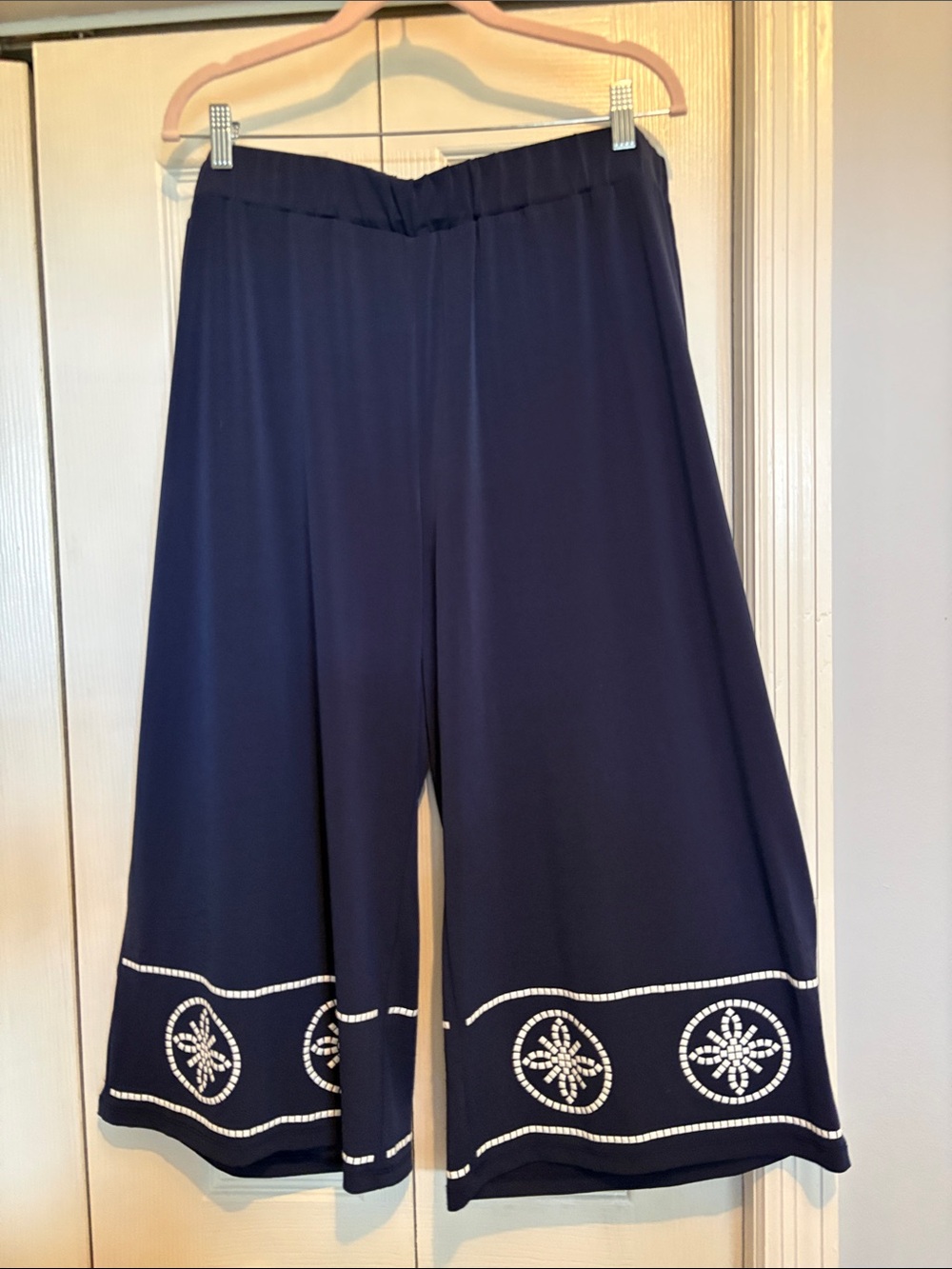 Michael Kors Navy Wide-Leg Embellished Hem Jersey Knit Pants
